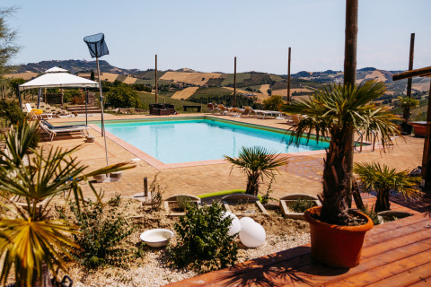 Buitenzwembad aan Agricola La Casetta vakantiepark met heuvelzicht in de regio Marche, Italië.