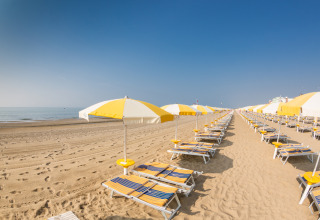 Reihe von Liegestühlen und Sonnenschirmen an einem leeren Sandstrand nahe Montefiore dell'Aso, Marche.