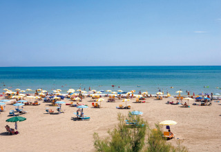 Beach scene at Camping Union Lido Mare in Veneto, Italy, showing umbrellas, lounge chairs, and sunbathers.