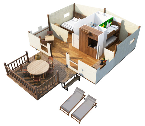 3D plattegrond van een glampingtent met houten terras, tweepersoonsbed, stapelbedden en ligstoelen buiten.