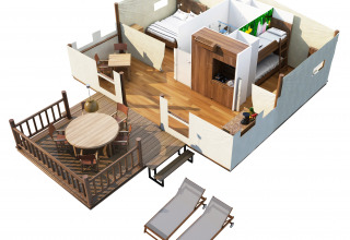 Plan 3D d'une tente glamping comprenant terrasse, lit double, lits superposés, cuisine et espace détente.
