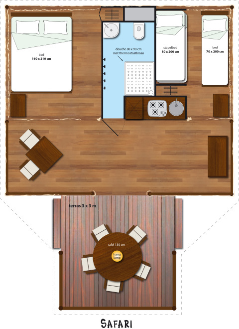 Plattegrond van een safari glampingverblijf met bedden, badkamer, keuken en terras van 3x3 meter.