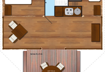 Planimetria di una tenda glamping safari con letti, bagno, cucina, zona pranzo e terrazza 3x3m.