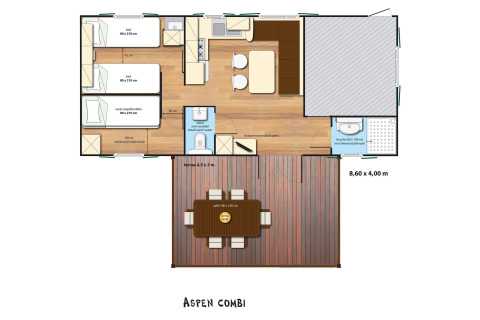 Plantegning af SunLodge Aspen Combi glampingindkvartering med to soveværelser, stue, bad og terrasse.