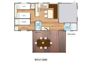 Planimetria della SunLodge Aspen Combi, alloggio glamping con due camere, bagno, soggiorno e terrazza.