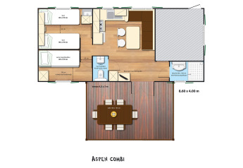 Plantegning af SunLodge Aspen Combi glampingindkvartering med to soveværelser, stue, bad og terrasse.