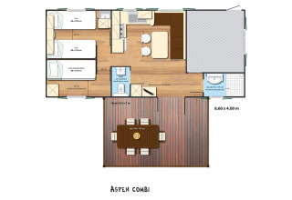 Plano de la SunLodge Aspen Combi, alojamiento glamping con dos dormitorios, baño, sala y terraza exterior.