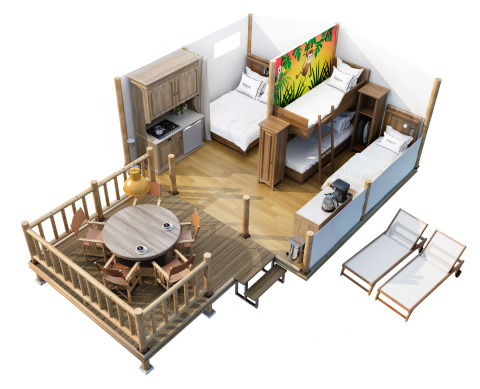 Moderna cabina SunLodge Jungle con terrazza, lettini prendisole e cucina al Camping Union Lido Mare in Italia.