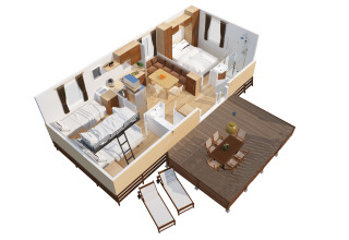 Interior soleado del alojamiento glamping SunLodge Aspen con camas, cocina, comedor y terraza exterior.