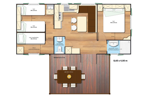 Plano de la SunLodge Aspen glamping con habitaciones, baño, cocina y terraza descritos y dimensionados.