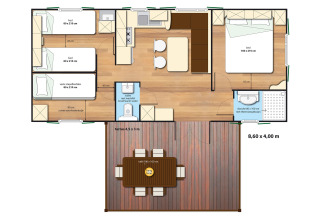 Plattegrond van de SunLodge Aspen glamping accommodatie met slaapkamers, badkamer, keuken en terras.