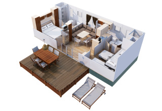 Plano en 3D del alojamiento glamping SunLodge Redwood con terraza, sala de estar y dos dormitorios.