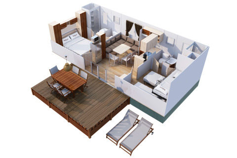 Plano en 3D del alojamiento glamping SunLodge Redwood con terraza, sala de estar y dos dormitorios.