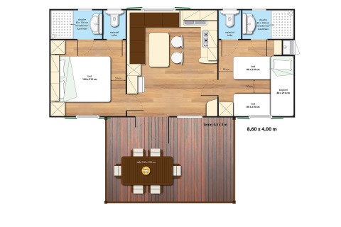 Plattegrond van SunLodge Redwood glampingverblijf met drie slaapkamers, twee badkamers en terras.