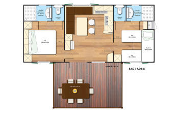 Plattegrond van SunLodge Redwood glamping accommodatie met drie slaapkamers, twee badkamers en terras.