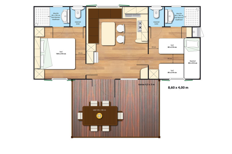 Plano de la SunLodge Redwood glamping con tres dormitorios, dos baños y una terraza exterior amplia.