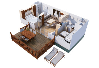3D plattegrond van SunLodge Redwood Premium bij Camping Union Lido Mare in Italië, met terras en meubels.