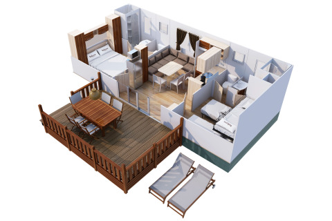 Plano 3D de SunLodge Redwood Premium en Camping Union Lido Mare en Italia, con terraza y muebles visibles.