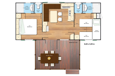Plan du SunLodge Redwood Premium avec trois chambres, deux salles de bain et une grande terrasse.