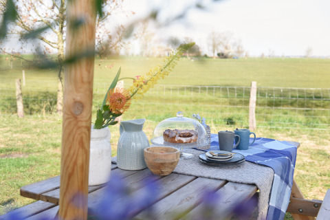 Udendørs bord med kage, kaffekopper og blomster i vase på Smûk Grutte Bell Tent, Smûk Recreatie, Holland.