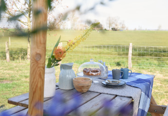 Picknicktisch mit Kuchen, Blumen und Tassen vor einer Wiese bei Smûk Grutte Bell Tent, Smûk Recreatie, Niederlande.