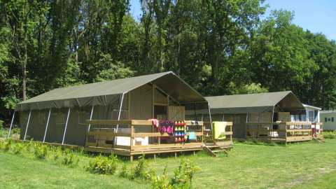 Grandes tiendas de campaña con porches en Camping Roland, rodeadas de árboles en Limburg, Países Bajos.