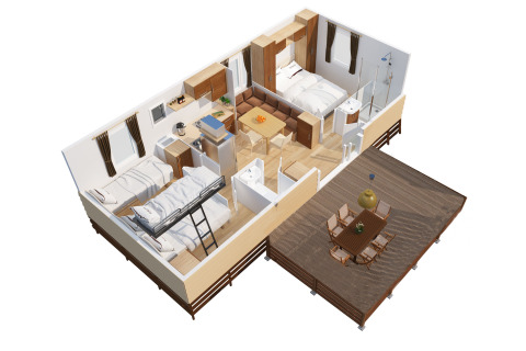 3D-grondplan van SunLodge Aspen op Camping Village Marina di Venezia, Italië, met slaapkamers, keuken en terras.