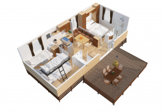 3D-plantegning af SunLodge Aspen, Camping Village Marina di Venezia, med soveværelser, køkken og terrasse.