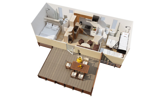 3D grondplan van SunLodge Maple in Camping Village Marina di Venezia met terras en binneninrichting.