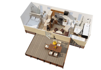 Planimetria 3D di SunLodge Maple al Camping Village Marina di Venezia con terrazza e interni arredati.