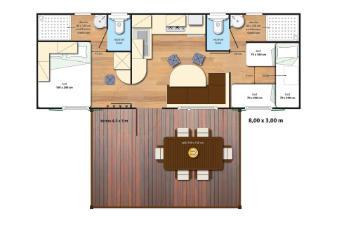 Grondplan van SunLodge Maple met terras op Camping Village Marina di Venezia, Italië, met 3 slaapkamers.