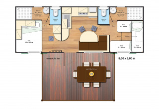 Grondplan van SunLodge Maple met terras op Camping Village Marina di Venezia, Italië, met 3 slaapkamers.