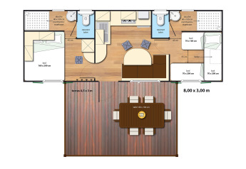 Planimetria della SunLodge Maple con terrazza al Camping Village Marina di Venezia, Italia, 3 camere da letto.