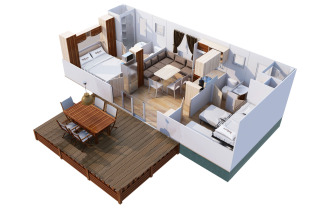 3D floor plan of SunLodge Redwood at Camping Village Marina di Venezia, Italy, featuring deck and modern layout.