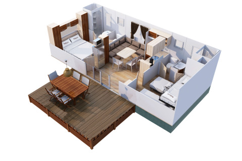 3D-plantegning af SunLodge Redwood på Camping Village Marina di Venezia, Italien, med terrasse og moderne interiør.