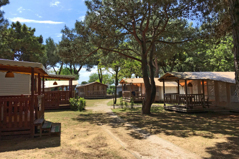 Cabañas y tiendas de campaña en Camping Village Cavallino, Veneto, Italia, rodeadas de árboles y naturaleza.