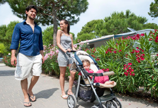 Family walking at Camping Village Cavallino in Veneto, Italy, pushing a stroller beside blooming bushes.