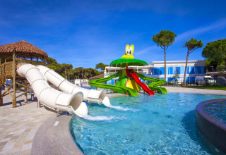Vandlegeplads med rutsjebaner og et frøtema på Camping Village Cavallino, en feriepark i Veneto, Italien.