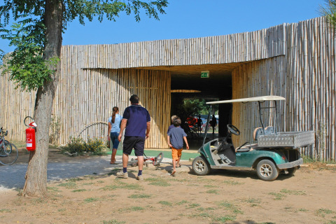 Family walking toward the entrance of hu Park Albatros Village holiday park in Tuscany, Italy, with golf cart nearby.
