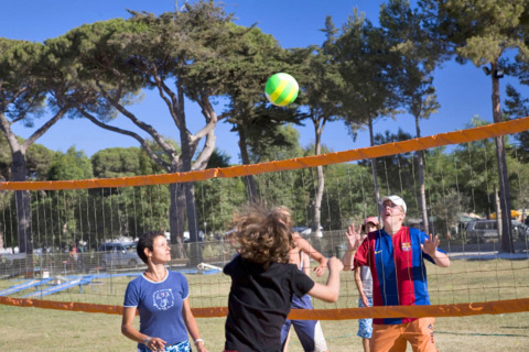 Mensen spelen volleybal buiten in hu Park Albatros Village, een vakantiedomein in Toscane, Italië, met bomen.