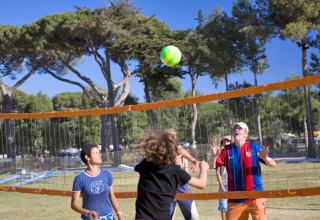 Folk spiller volleyball udendørs i hu Park Albatros Village, feriepark i Toscana, Italien, omgivet af træer.