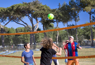 People playing volleyball outdoors at hu Park Albatros Village, a holiday park in Tuscany, Italy, with trees.