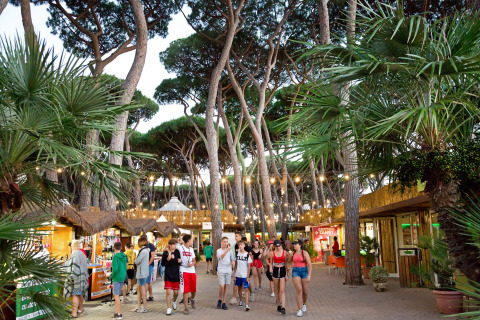 Escena de parque vacacional con pinos, palmeras, gente paseando y tiendas en hu Park Albatros Village, Toscana.