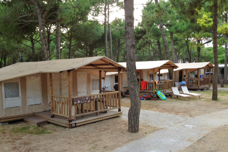 Filas de tiendas SunLodge Jungle en Camping Village Cavallino, Italia, rodeadas de árboles altos y naturaleza.