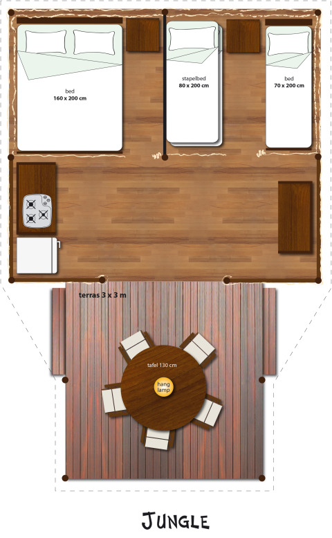 Plano de la SunLodge Jungle en Camping Village Cavallino, Italia, con camas, cocina y terraza.