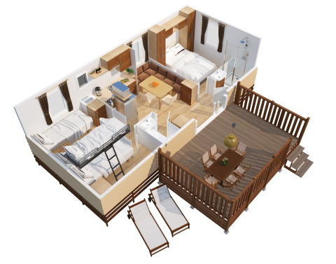 3D-grondplan van SunLodge Aspen bij Camping Village Cavallino met terras, slaapkamers en keukenhoek.