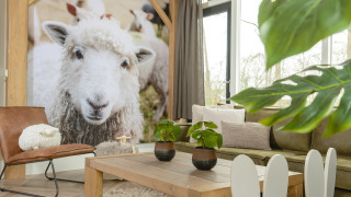 Bright, modern living room at Baby & children bungalow in Holiday Park Mölke, Netherlands, with sheep decor.