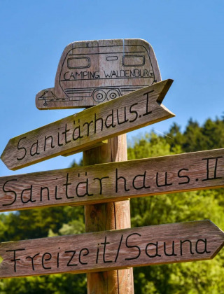 Letrero de madera en un camping con direcciones a edificios sanitarios y sauna, rodeado de vegetación.