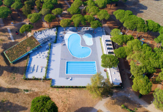 Vista aerea dell’area piscine del Camping Village Roma Capitol, circondata da alberi in Toscana, Italia.