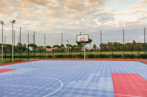 Outdoor basketball court with blue and red surface, fenced and surrounded by fields and trees under a cloudy sky.